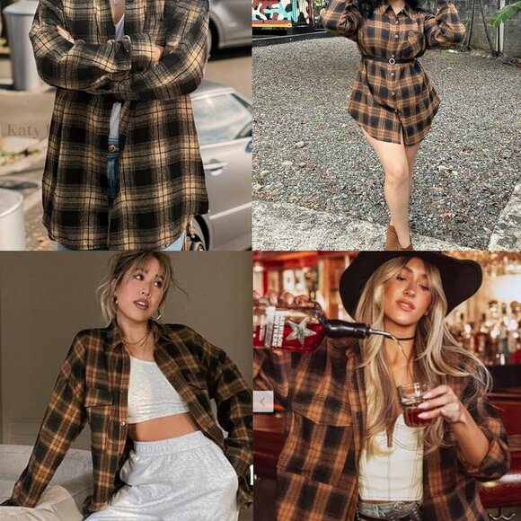 Womens Plus Size Flannel Plaid Shirts Roll Up Long Sleeve Casual Collared Button - Picture 4 of 5